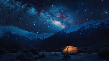 Modern tent camping under the starry sky with the Milky Way. Realistic.