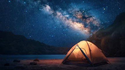 Papier Peint photo autocollant Camping Modern tent camping under the starry sky with the Milky Way. Realistic.