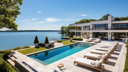 Obraz premium Mediterranean inspired villa with a sprawling garden and a private beach access in the exclusive Hamptons, New York