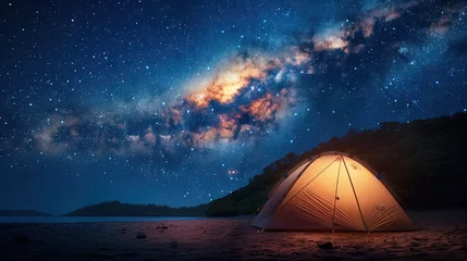 Foto op Plexiglas Modern tent camping under the starry sky with the Milky Way. Realistic. © B.Panudda