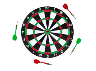Dart board and four darts isolated on white background