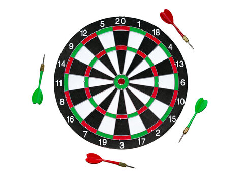 Dart board and four darts isolated on white background
