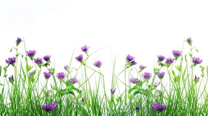 Obraz premium Grass and Flowers. Fresh grass shoots over pure white background with purple flowers