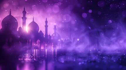 Papier Peint photo Bleu foncé Mystical Nightscape: Silhouettes of Mosques Against a Starry Purple Sky