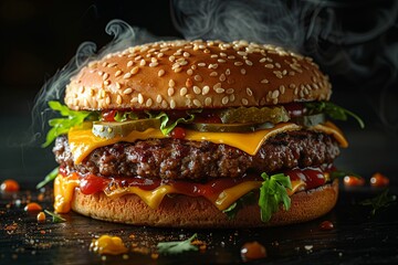 Photo of a burger with double meat, cheese and tomatoes on a black background, a food photo with a copy space concept and a solid color background. Generative AI