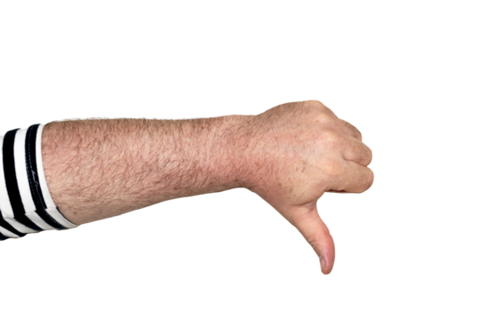 The hand of a man in a sailor suit shows a thumbs down in protest.