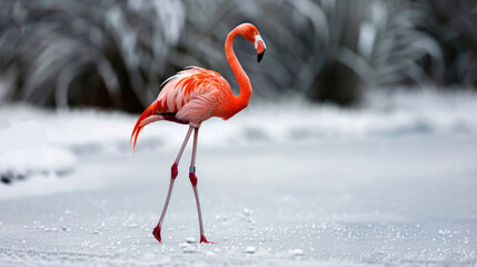 Fototapeta premium Flamingo walking on snowy ground