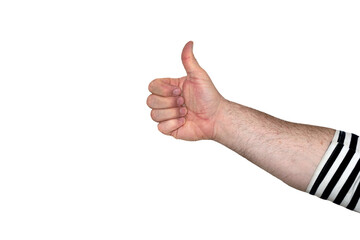 A man's hand in a sailor suit shows his finger up as a sign of agreement