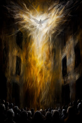 A illustration of a white dove flying, symbolising the Holy Spirit and Pentecost. Many people have gathered together.