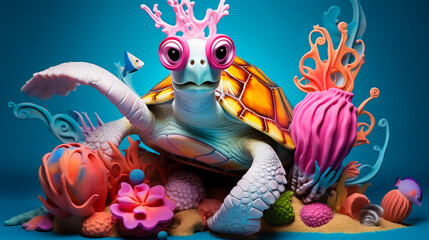 Magazine photography style focusing on the biodiversity of marine life living in harmony with sea turtles