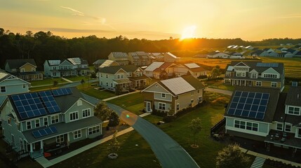 A community solar garden, where shared solar panels provide clean energy to multiple homes, the sense of collective investment and benefit in renewable energy solutions captured in the soft light of a