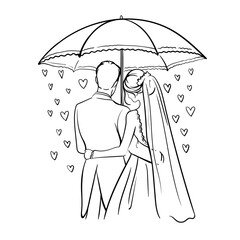 wedding, newlyweds, bride and groom under an umbrella with hearts in an embrace, back view, line art