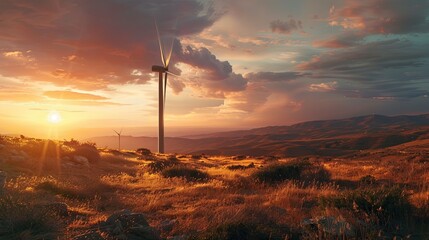 A remote, rugged landscape transformed by the presence of a single, striking wind turbine, its blades rotating in harmony with the wind, set against a backdrop of a dramatic sunset