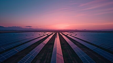 A serene dawn breaking over a vast solar farm, with rows of panels gently illuminated by the first...