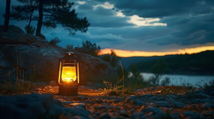 A solar-powered lantern lighting up a remote, outdoor campsite, the warm glow against the dark surroundings symbolizing the independence and self-sufficiency provided by portable solar products, under