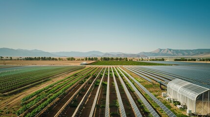 A solar-powered smart farm, with automated irrigation systems and energy-efficient greenhouses, showcasing the integration of solar energy in modern, precision agriculture, under a clear - obrazy, fototapety, plakaty