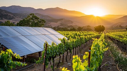 A sprawling vineyard practicing sustainable agriculture with solar panels mounted above the grapevines, capturing the dual purpose of protecting the plants from the harsh sun while generating - obrazy, fototapety, plakaty