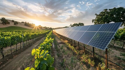 A sprawling vineyard practicing sustainable agriculture with solar panels mounted above the grapevines, capturing the dual purpose of protecting the plants from the harsh sun while generating - obrazy, fototapety, plakaty