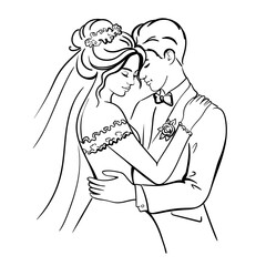 Bride and groom, wedding, back view, line art, back view silhouettes