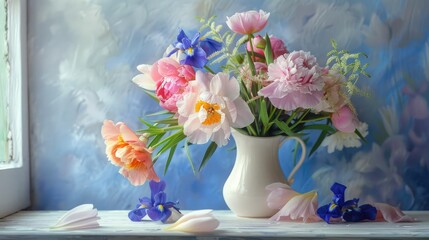 Peonies and irises in a white jug. Still life with flowers. Pink peonies and irises in a white jug. Still life with a bouquet of garden flowers on the table.