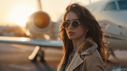Young, successful woman stands outside waiting to board a flight on a private jet. - obrazy, fototapety, plakaty