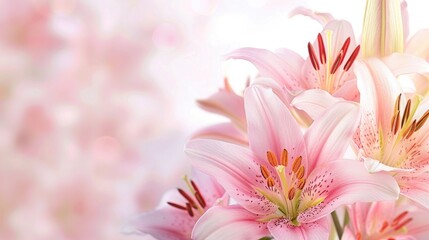 Fototapeta premium Pink lily background with copy space on white