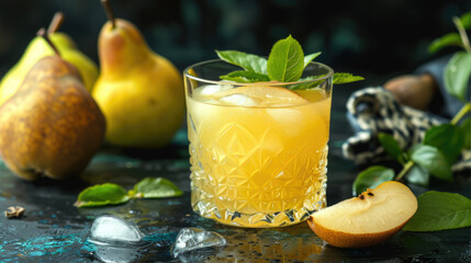 Fresh pear lemonade in a glass on a dark background