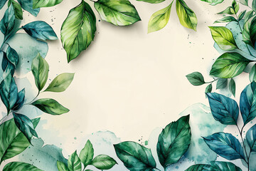 Tropical leaf design features green/blue palm and Monstera plant leaves on a white background....