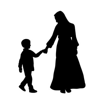 silhouette of parent and child isolated on white background, transparent png graphic, vector image illustration banner