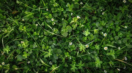Obraz premium Spring green grass texture with flowers. Spring green grass texture with white small flowers