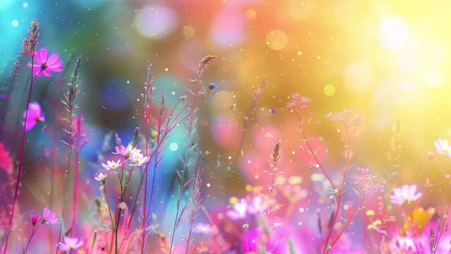 Close-Up Footage of Vibrant Flowers and Grass in Full Bloom, Capturing the Pollen Particles Dancing in the Sunlight