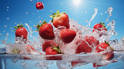 Morceaux de fruits, fraise sur un fond bleu avec éclaboussure d'eau. Fruit, sain, délicieux, sucré. Jus de fruit, dessert. Pour conception et création graphique.  - obrazy, fototapety, plakaty