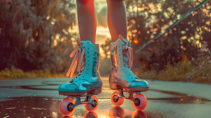 Beautiful long-legged girls pose on vintage roller skates in the park on a warm summer day - obrazy, fototapety, plakaty
