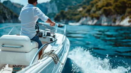 Naklejka premium Proud male owner of a luxury speedboat sits at the steering wheel