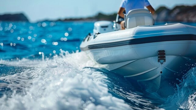 Proud male owner of a luxury speedboat sits at the steering wheel