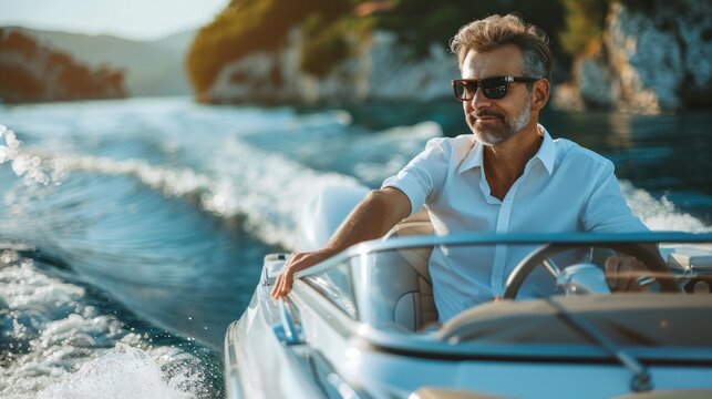 Proud male owner of a luxury speedboat sits at the steering wheel