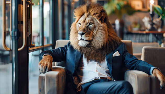 A lion is wearing a suit and sitting in a chair by AI generated image