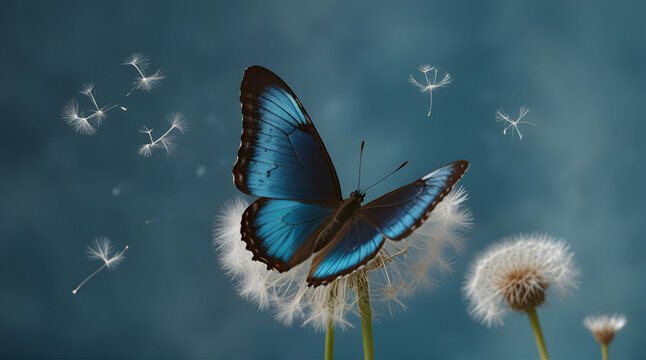 Fototapeta Natural pastel background. Morpho butterfly and dandelion. Seeds of a dandelion flower in drops of water on a background of sunrise.generative.ai