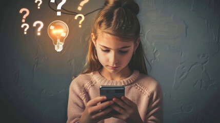 A thoughtful child is engaged with her phone, surrounded by question marks and a light bulb - obrazy, fototapety, plakaty