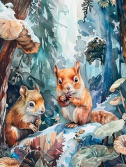 Charming watercolor illustration of forest squirrels - A delightful watercolor image featuring two squirrels amidst a colorful forest, showcasing rich textures and details