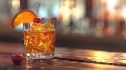 Sophisticated whiskey cocktail on a wooden surface - A detailed shot of an old fashioned whiskey cocktail on a wooden bar counter, garnished with cherry and orange