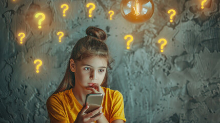 A girl with a smartphone reflects on something, with question marks on a pink background - obrazy, fototapety, plakaty