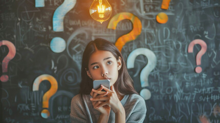 A young woman holds her phone, appearing contemplative amidst floating question marks - obrazy, fototapety, plakaty