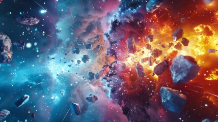 Cosmic battle between fire and ice elements - A dramatic cosmic scene depicting a collision of fiery and icy elements suggesting conflict and balance - obrazy, fototapety, plakaty