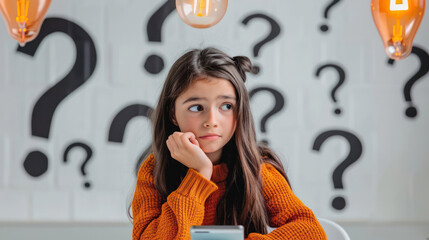 A young girl examines her smartphone with a questioning expression, surrounded by question marks - obrazy, fototapety, plakaty