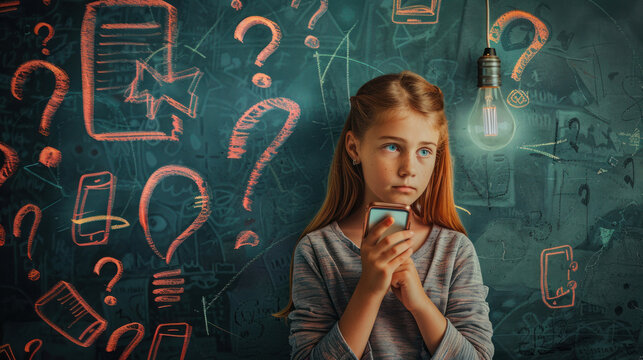 Contemplative young girl with smartphone, surrounded by a creative display of question marks and light bulbs
