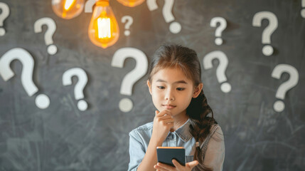 Pensive Asian girl holding a calculator with question marks painted on a blackboard behind her, symbolizing learning - obrazy, fototapety, plakaty