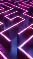 Soft pink neon lights in a dark maze - A mesmerizing image of a dark maze, its path softly lit by gentle pink neon lights creating a calming ambience - obrazy, fototapety, plakaty