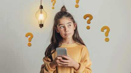 Young girl with a curious expression looking up while holding a smartphone near a light bulb and yellow question marks - obrazy, fototapety, plakaty