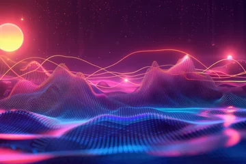 Muurstickers Vibrant digital landscape with animated waves - A mesmerizing digital artwork featuring radiant waves and a glowing horizon set against a starry sky backdrop © Mickey
